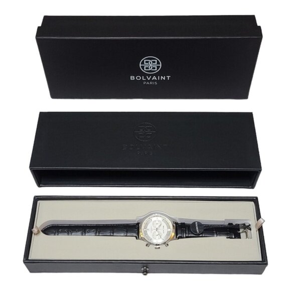 Bolvaint Paris Tempus Blanc in Ash Silver Men’s Watch Chronograph Black Band NEW